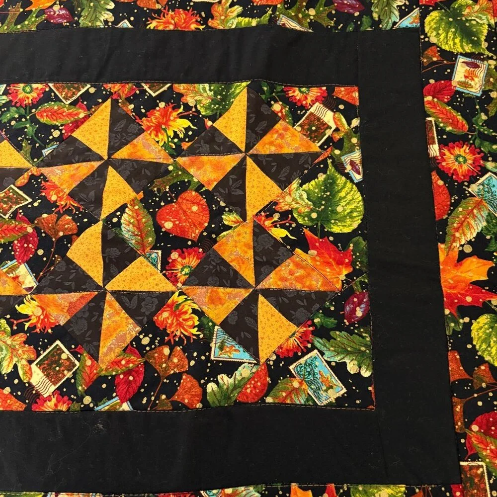 Handmade Autumn Quilted Table Runner Postage Stamp Leaves Black Border 40x20in